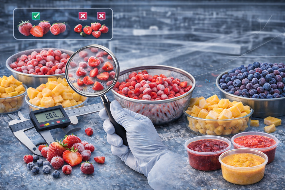 How do you build a frozen fruit procurement specification, including size grading, broken pieces tolerance, and traceability
