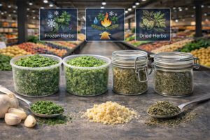How do you choose IQF herbs vs dried herbs for manufacturing, including flavour release and process compatibility