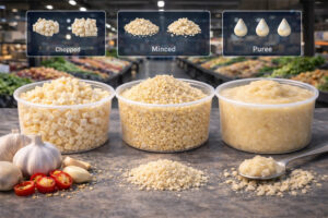 How do you choose frozen garlic format for production, including chopped, minced, and puree for mixing and filling performance