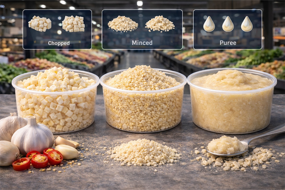 How do you choose frozen garlic format for production, including chopped, minced, and puree for mixing and filling performance