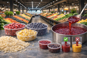 How do you cook IQF fruit from frozen for consistent compotes and sauces, including colour retention and yield planning
