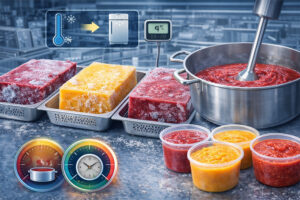 How do you defrost frozen purees at scale without separation, including chilled thaw planning and mixing steps
