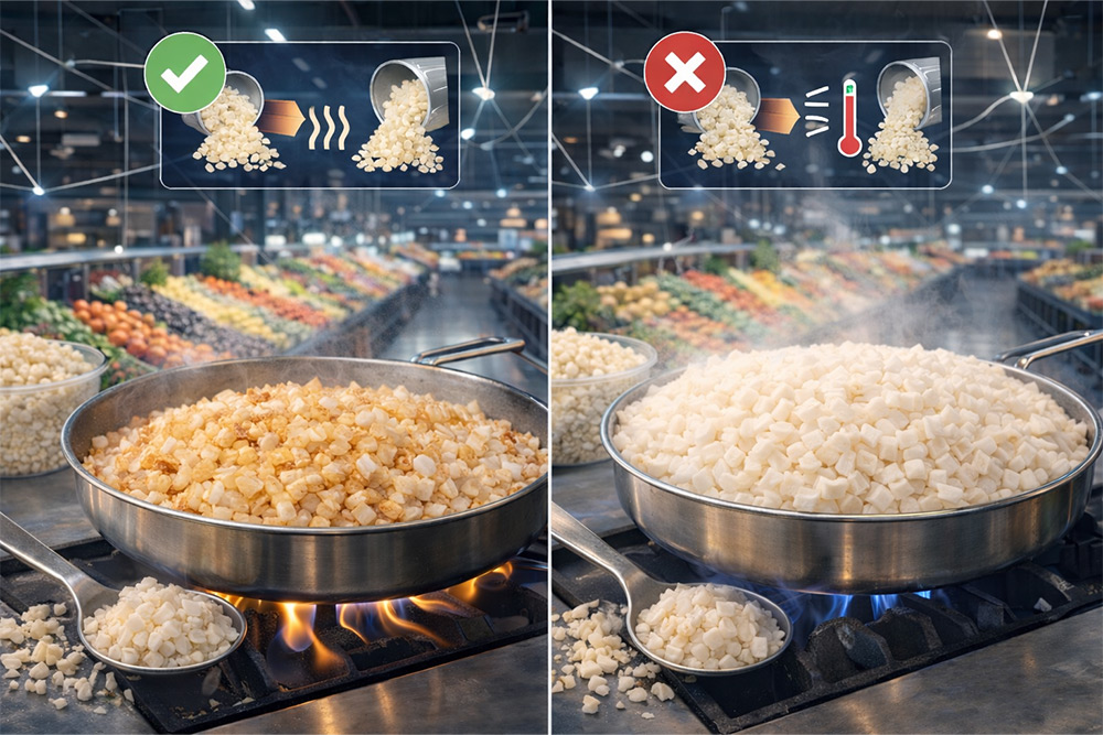 How do you prevent IQF onion from steaming instead of browning in bulk cooking, including batch size and heat management