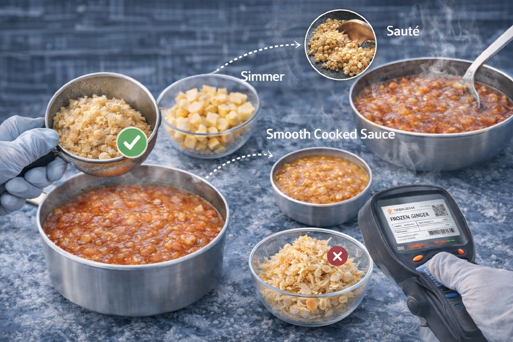 How do you reduce fibrous texture issues when using frozen ginger in sauces and fillings, including cut selection and cook method