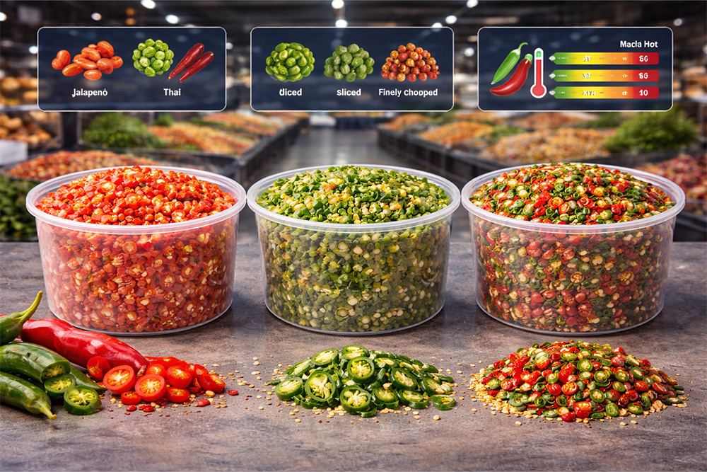 How do you specify IQF chillies for procurement, including variety, cut size, seed inclusion, and heat tolerance ranges
