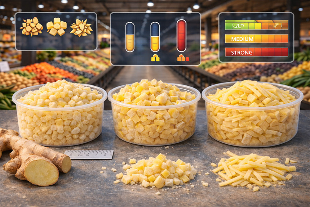 How do you specify IQF ginger for buyers, including cut size, fibre expectations, and flavour strength requirements