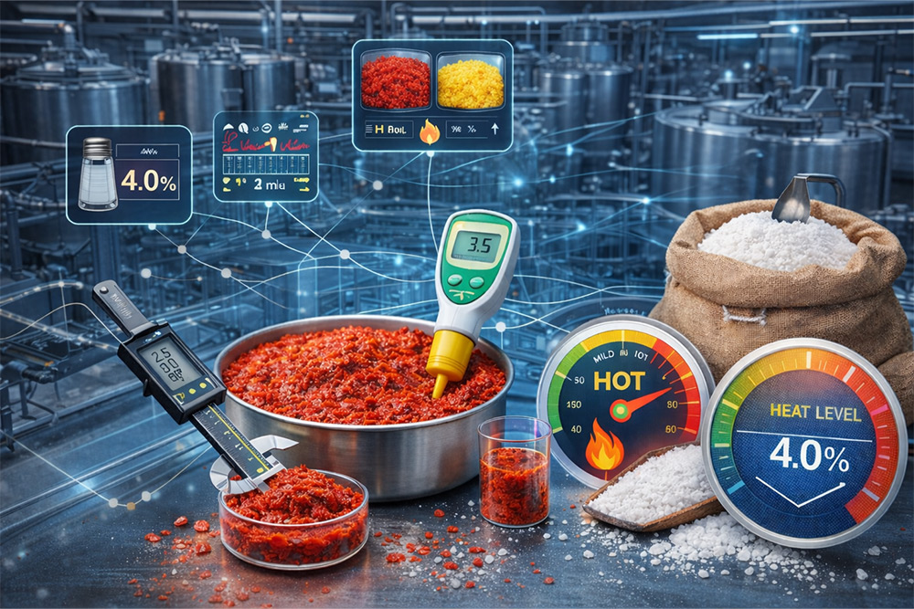 How do you specify chilli mash for factories, including salt level, particle size, pH targets, and heat range